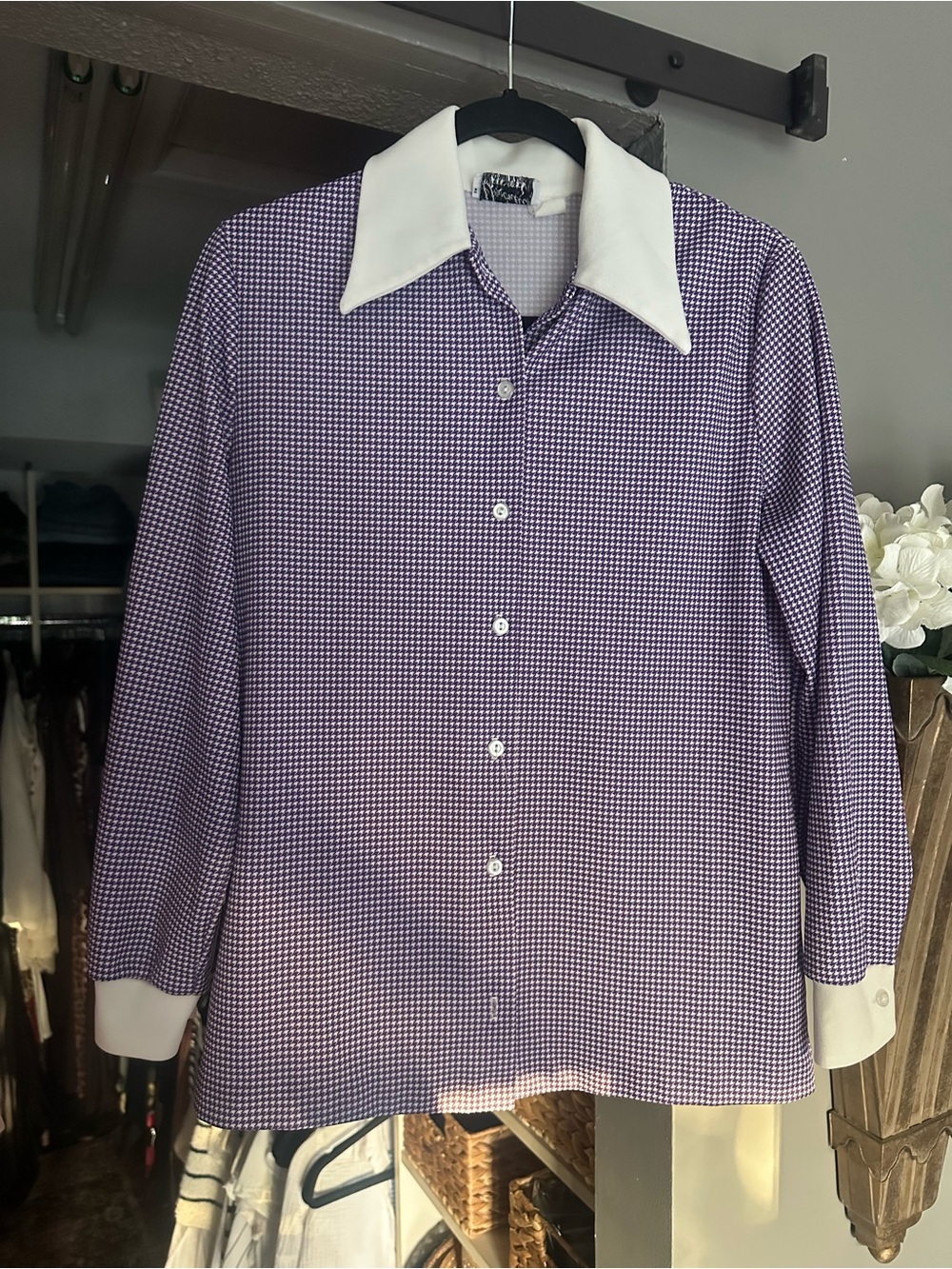 Vintage Purple Gingham Button-Up Shirt with White Collar